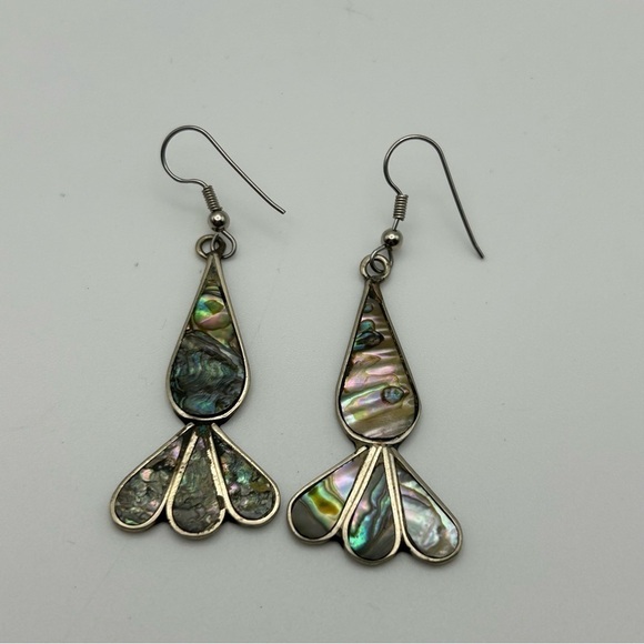 Vintage Alpaca Mexico Genuine Abalone Shell Carrot Design Dangle Pierced Earring - Picture 8 of 11